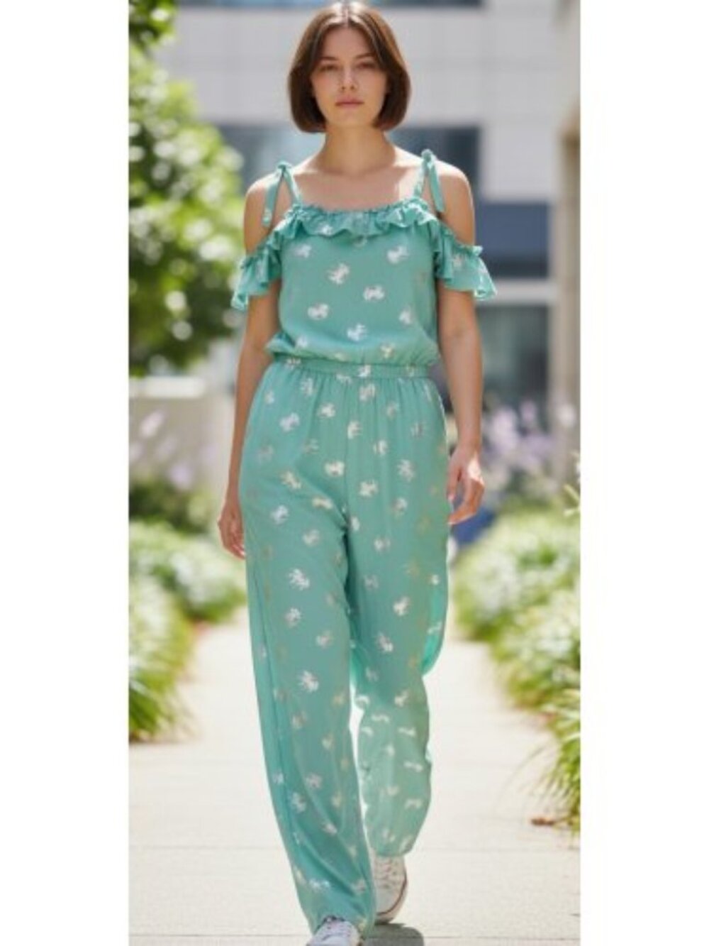 EXTREMELY ME Green Unicorn Print Off Shoulder Jumpsuit Girls Size 14